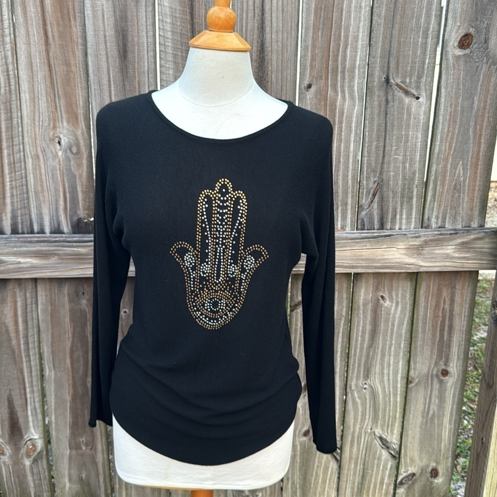Rachel Zoe black cashmere blend sweater, bling hamsa hand, size small - Picture 2 of 6